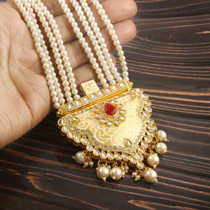Long Polki Necklace- Pakistani Jewelry-Designer Necklace Set w/Earrings-Indian Wedding Bridal Jewelry-Semiprecious Bridesmaid Pearl Necklace
