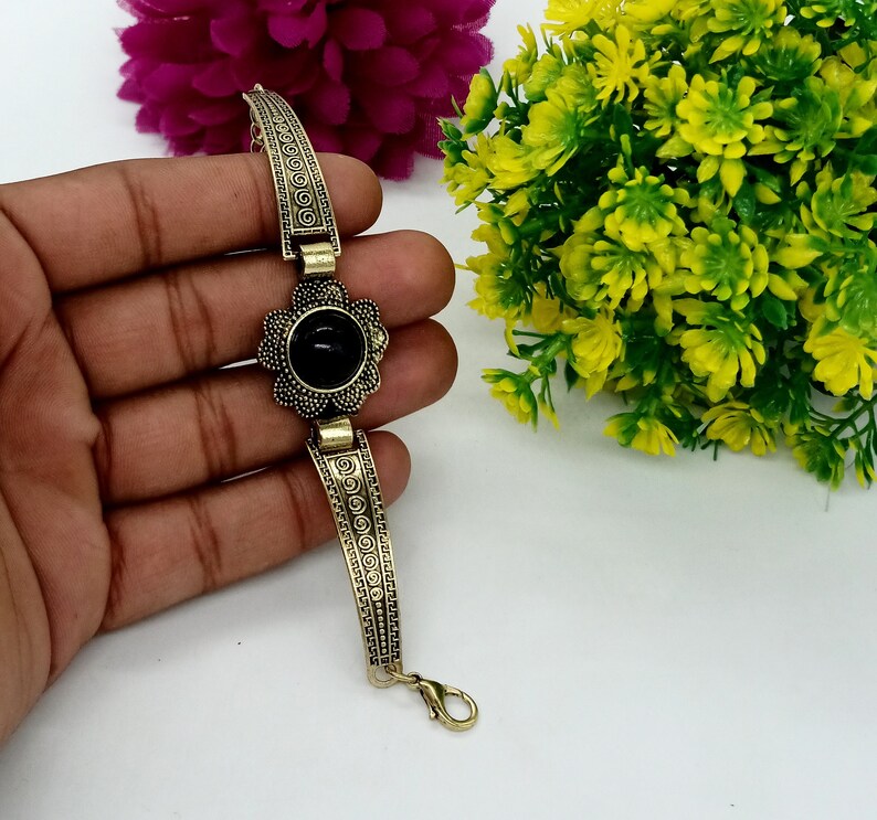 Black Spinel Bracelet Designer Wedding Gemstone Bracelet Unisex Bracelet Traditional Adjustable Bracelet Gold Oxidized Boho Bracelet