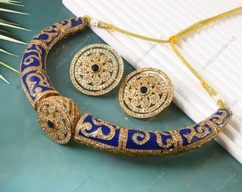 Very Fine Quality American Diamond Meenakari Hasli Kanthi Choker, Wedding Necklace Set w/Studs, Rajasthani Jewelry, Free Size Kundan Hasli