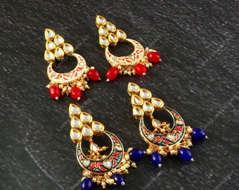 Pendientes de boda de diamantes Polki - Pendientes Kundan de celebridades de Bollywood -REGALO para hermana/esposa/mamá -Pendientes de perlas de dama de honor Meenakari de diseñador