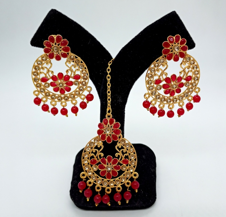 Teeka Bollywood Bridesmaid Gift Hot Pink Stone Tikka w Earring Set-Indian Bridal Maang Tikka Tika Headpiece-Handmade Jewelry Set For Her