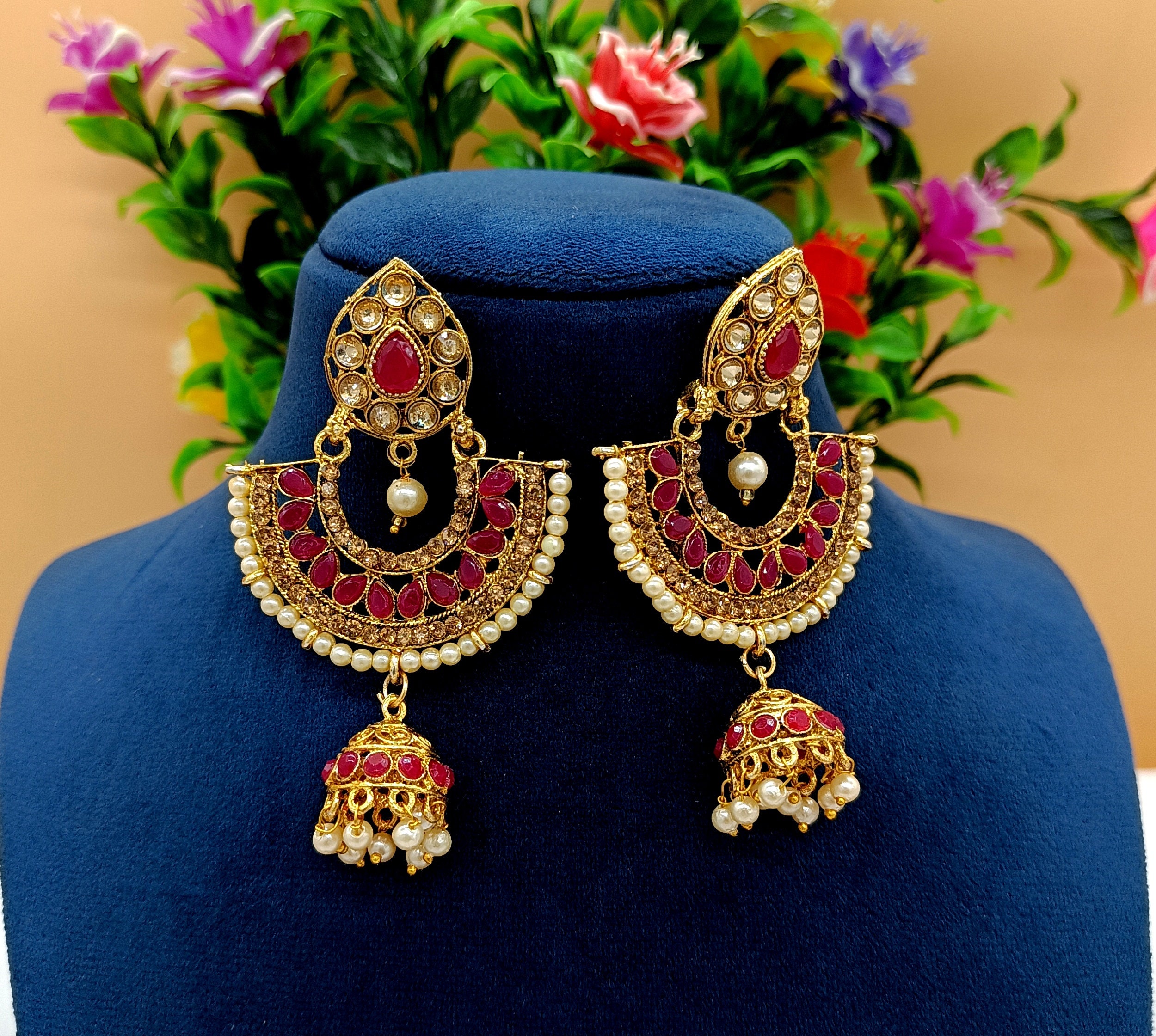 Ethnic Indian Bollywood Red Pearl Beads Earring Jhumka Jhumki Forehead Jewelry 