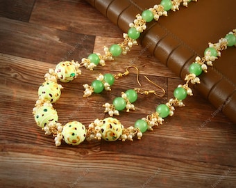 Gold Plated Pearl Cluster Necklace Set: Hand Painted Green Beaded Bridal Wedding Jewelry