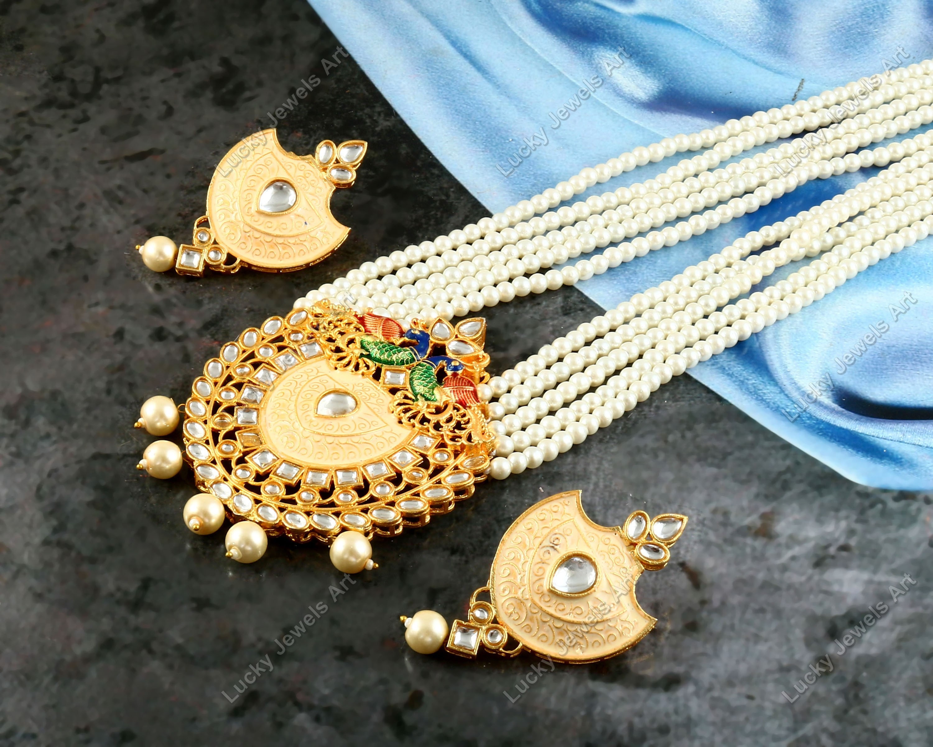 Hand Painted Peacock Necklace - Jodha Akbar Pearl Beaded Necklace - Rani Haar - Rajwada Pearl Necklace - Pakistani - Wedding Bridal Necklace