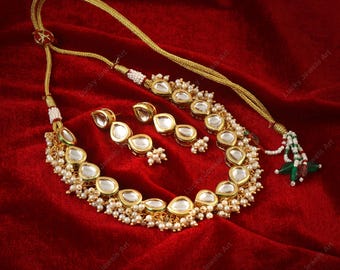 Polki Diamond Necklace Set- Adjustable Meenakari Kundan Necklace -Pearl Cluster Necklace w/Earrings- Traditional -Bridal Bridesmaid Necklace