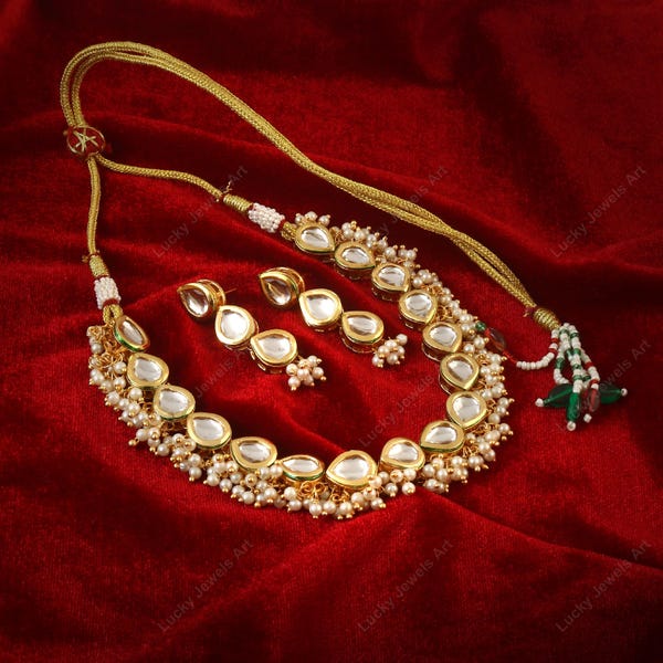 Polki Diamond Necklace Set- Adjustable Meenakari Kundan Necklace -Pearl Cluster Necklace w/Earrings- Traditional -Bridal Bridesmaid Necklace