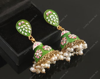 Hand Painted Green Enameled Jhumkies - Long Jhumki Earrings - Designer Pearl Cluster Jhumkas - GIFT Idea - Bridesmaid Bridal Kundan Earrings