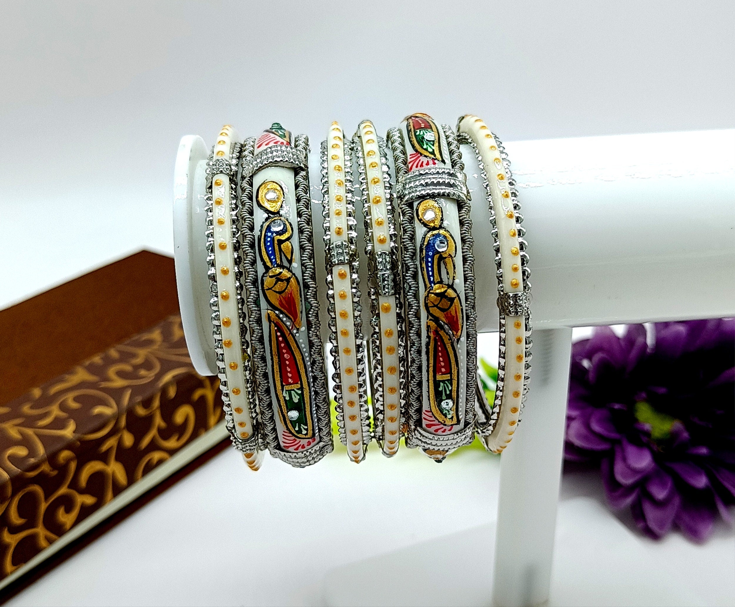 6 Bangles Set - Hand Painted Peacock Bangles - Wedding Bridal
