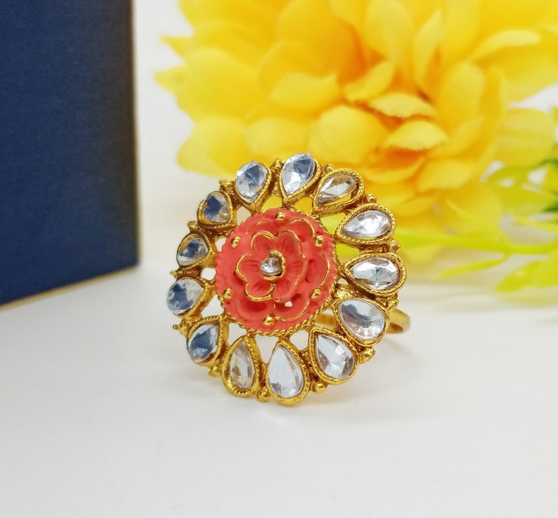 Engagement Ring Wedding Bridal Ring Flower Ring Promise Ring Kundan Ring Adjustable Crystal Ring Statement Ring Indian Jewelry