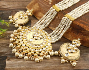 Lange Polki-Halskette – pakistanischer Schmuck – Kundan-Halsketten-Set mit Ohrringen – indischer Hochzeits-Brautschmuck – Halbedelstein-Brautjungfer-Perlenkette