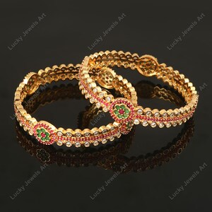 1 Pair Natural Ruby Pink Gemstone Bracelet - American Diamond Bangles - Traditional Bridal Wedding Gold Bracelets