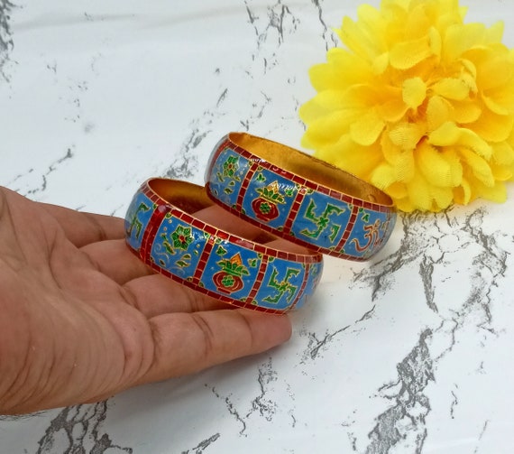 Hand Painted Multi Enameled Om Bangles Designer Handmade Sky Blue