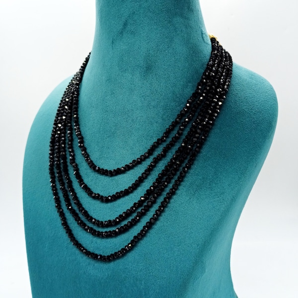 Collier en onyx noir - Collier long réglable - Bijoux unisexe - Tribal ethnique - Tour de cou en pierre hydro - Collier multicouche de perles à facettes