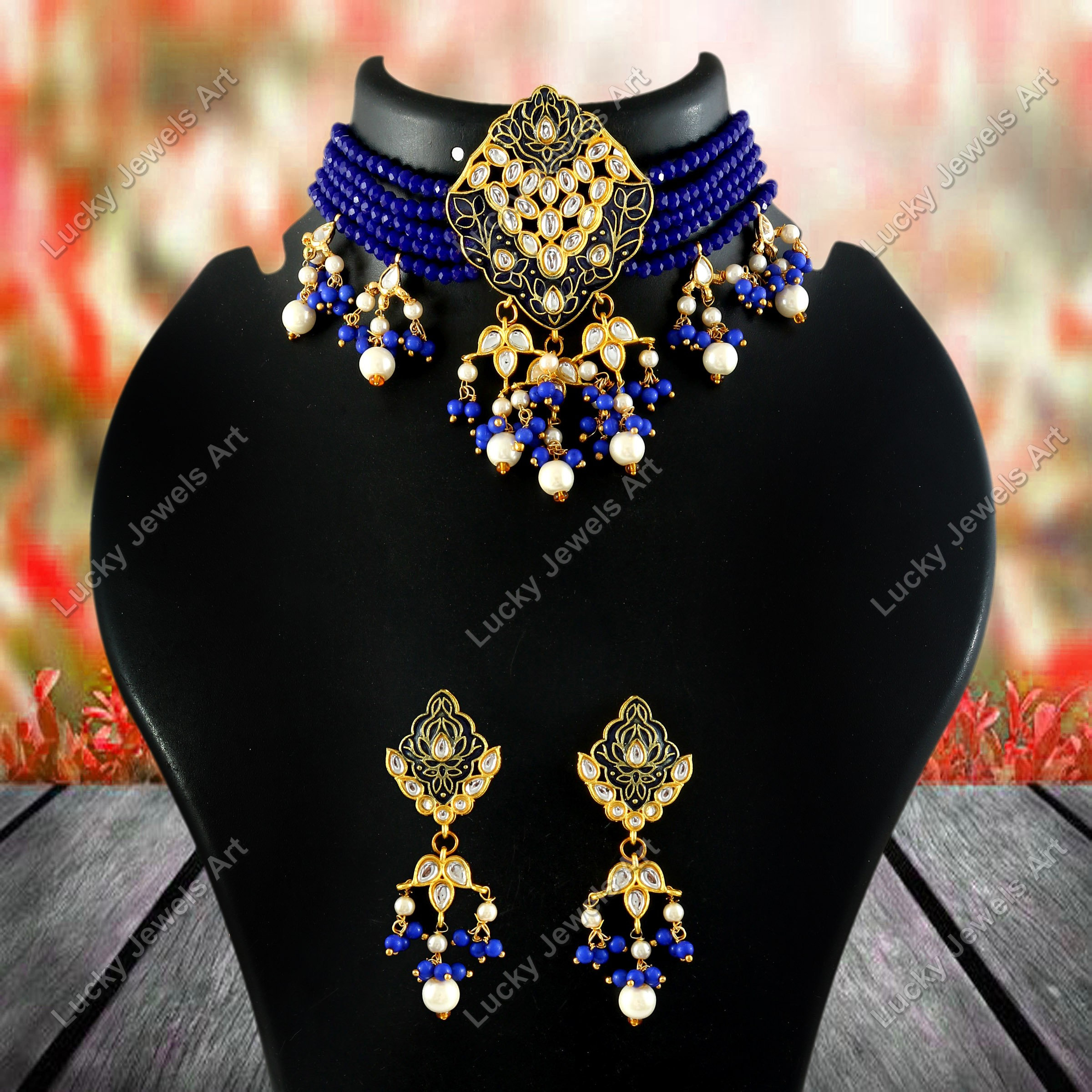 Set Collana E Orecchini Touchstone Polki - Ispirazione Indiana Con Turchese Finto E Cristalli Bianchi - Gioielli Da Sposa