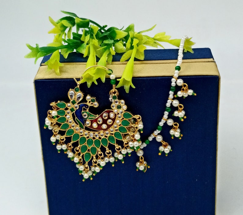 Indian Bridal Nathni Meenakari Nose Press Pin Nose Ring w Pearl Chain Peacock Bead Dangling Nath Kundan /& Pearl Nose Ring Green Stone