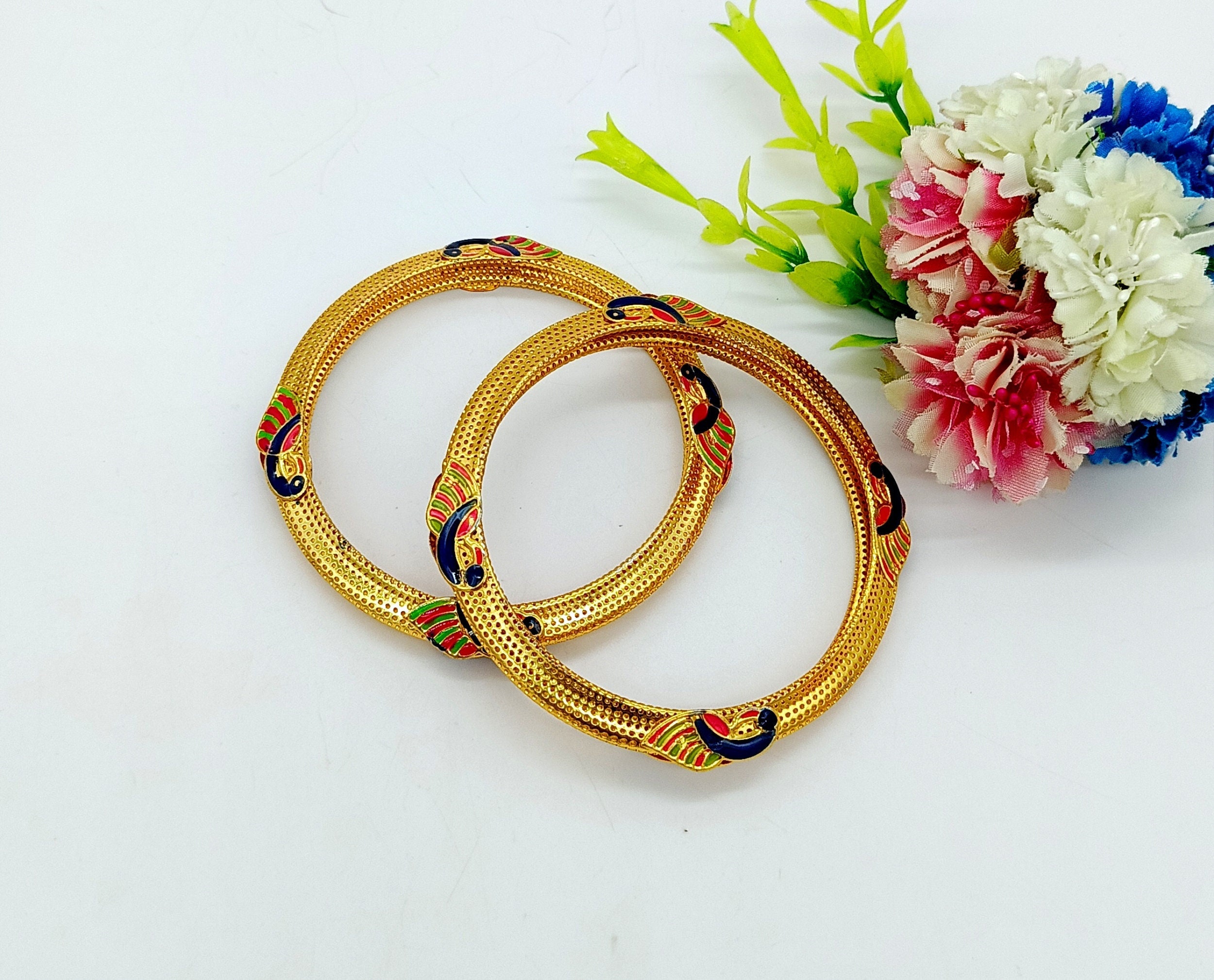 1 Pair Gold Plated Peacock Bangles Wedding Jewelry Designer