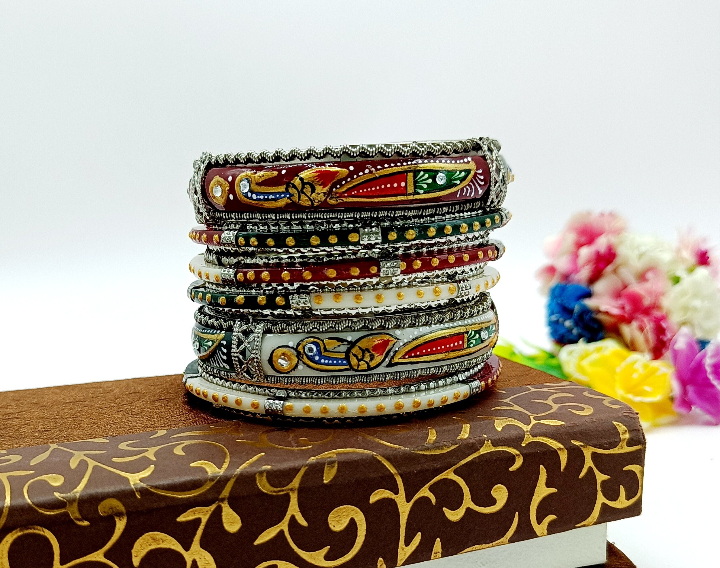 6 Bangles Set - Hand Painted Peacock Bangles - Wedding Bridal