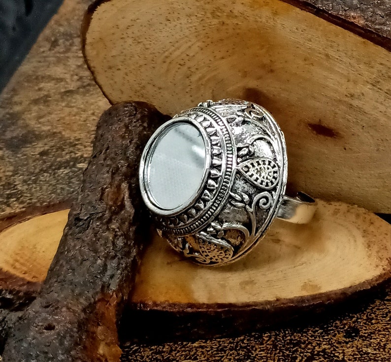 Statement Bohemian Ring Mirror Ring Oxidized Silver Plated Ring Traditional Adjustable Ring Wedding Flower Ring Unisex Silver Ring