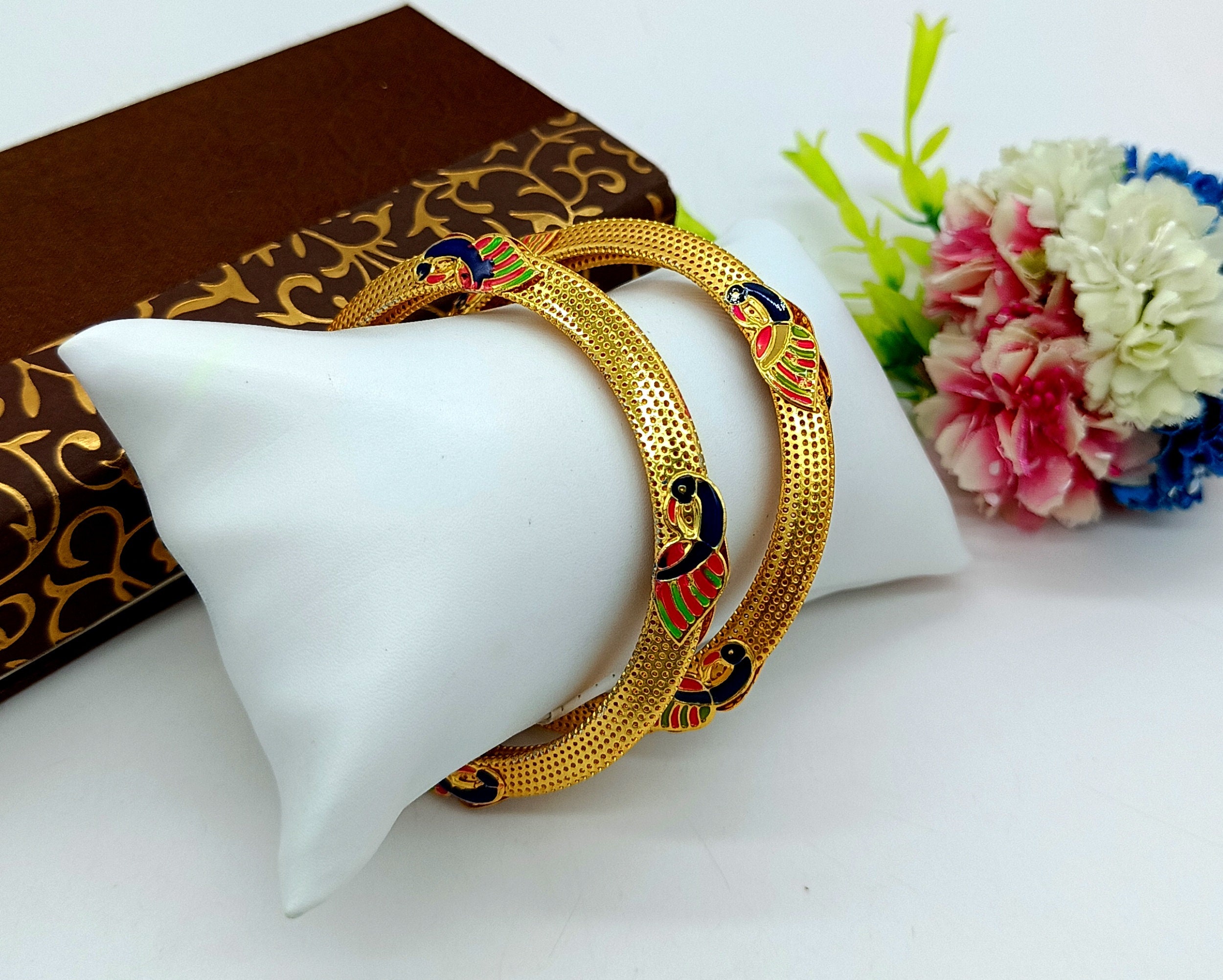 1 Pair Gold Plated Peacock Bangles Wedding Jewelry Designer Gold