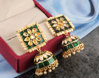 Handcrafted Hand Painted Green Jhumkies -Traditional Kundan & Pearl Jhumki Earrings -GIFT For Mom/ Wife/ Sister - Meenakari Jhumka Earrings