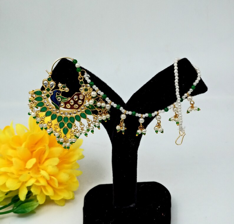 Indian Bridal Nathni Meenakari Nose Press Pin Nose Ring w Pearl Chain Peacock Bead Dangling Nath Kundan /& Pearl Nose Ring Green Stone