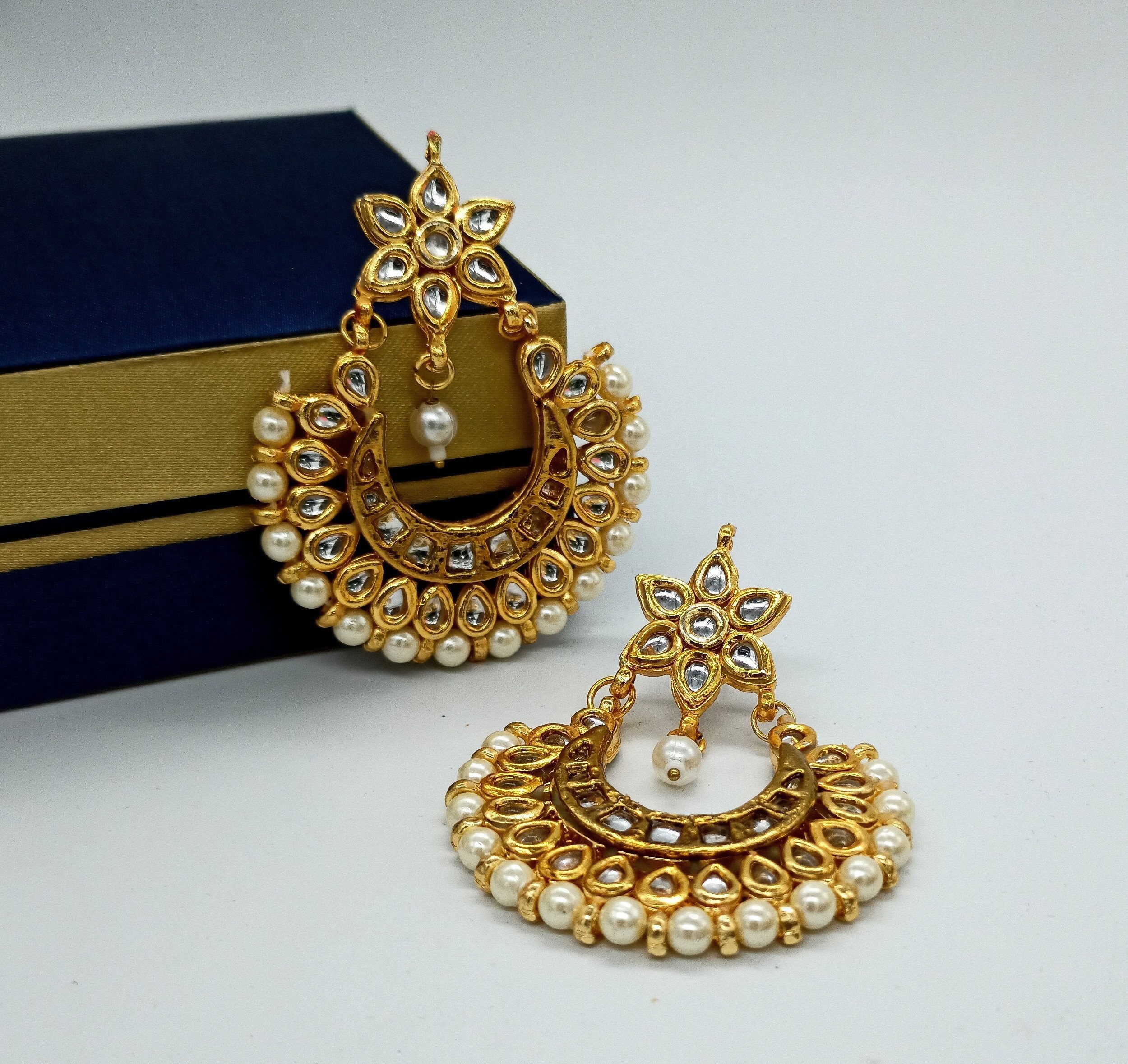 Meenakari Kundan Earrings Pearl Earrings Chandbali | Etsy