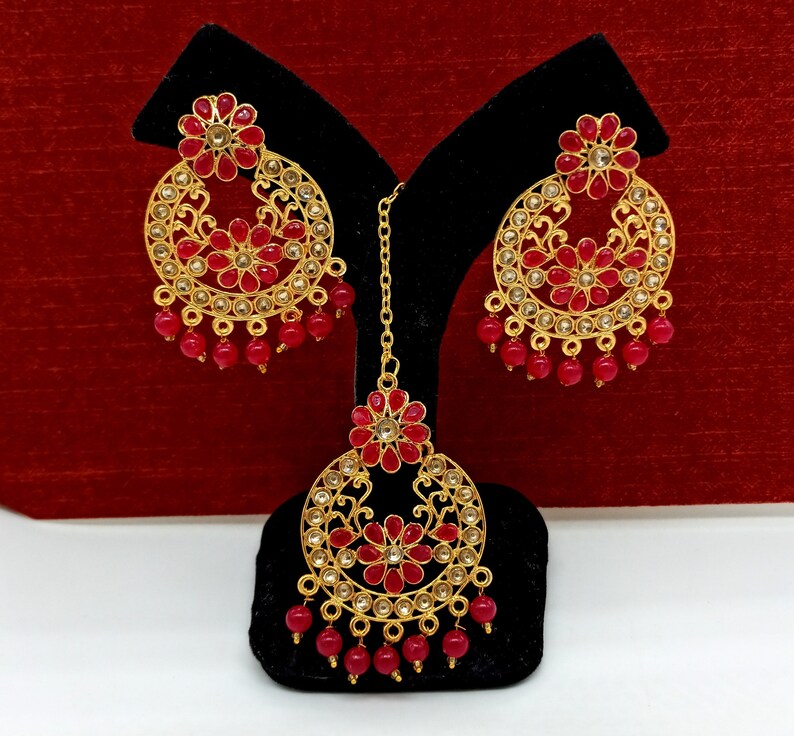 Teeka Bollywood Bridesmaid Gift Hot Pink Stone Tikka w Earring Set-Indian Bridal Maang Tikka Tika Headpiece-Handmade Jewelry Set For Her