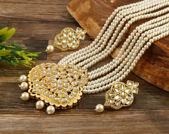 Long Polki Necklace- Pakistani Jewelry- Kundan Necklace Set w/Earring -Indian Wedding Bridal Jewelry- Semiprecious Bridesmaid Pearl Necklace