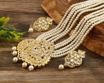 Lange Polki-Halskette – pakistanischer Schmuck – Kundan-Halsketten-Set mit Ohrringen – indischer Hochzeits-Brautschmuck – Halbedelstein-Brautjungfer-Perlenkette