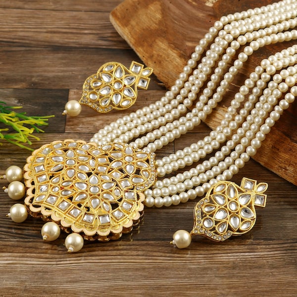 Lange Polki ketting - Pakistaanse sieraden - Kundan ketting set w/oorbel - Indiase bruiloft bruidssieraden - halfedelstenen bruidsmeisje parelketting