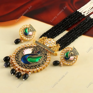 Polki Diamond Peacock Necklace w/Earrings - Kundan Necklace-Hand Painted Meenakari Peacock Necklace- Semiprecious Black Onyx Beaded Necklace