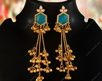 Festive Kashmiri Inspired Aqua Blue Monalisa Earrings, Indian Wedding Gemstone Jhumkas, Golden Ball Jhumkies