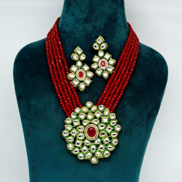 Long Polki Necklace- Pakistani Jewelry- Kundan Necklace Set w/Earrings -Indian Wedding Bridal Jewelry- Semiprecious Red Onyx Beaded Necklace