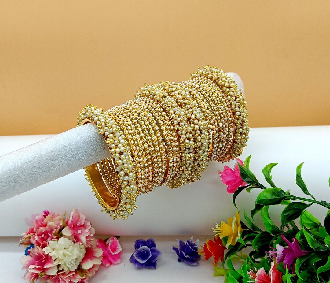 28 Bangles Set Gold Plated Pearl Cluster Chura Jewelry Set Wedding ...