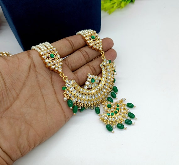 Green Stone Rajwada Necklace Set Handmade Kundan Necklace