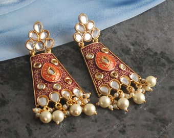 Boucles d'oreilles Meenakari peintes à la main - Boucles d'oreilles longues kundan et perle - Mariage indien traditionnel - Boucles d'oreilles de demoiselle d'honneur tribales ethniques de créateur