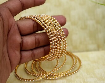 12 Bangles - Gold Plated Pearl Bangles -Gift For Women - Wedding Bridal Handmade Bangles - Indian Wedding Bangles - Bridesmaid Party Jewelry