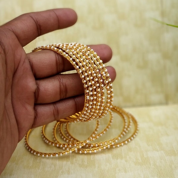 12 Bangles - Gold Plated Pearl Bangles -Gift For Women - Wedding Bridal Handmade Bangles - Indian Wedding Bangles - Bridesmaid Party Jewelry