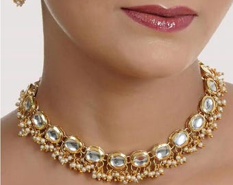 Polki Diamond Necklace Set- Adjustable Meenakari Kundan Necklace -Pearl Cluster Necklace w/Earrings- Traditional -Bridal Bridesmaid Necklace