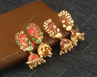 Matte Gold Plated Pearl Jhumka Earrings - Hand Painted Peacock Earrings - Bridesmaid Bridal Jhumka Earrings -Designer Indian Wedding Jewelry