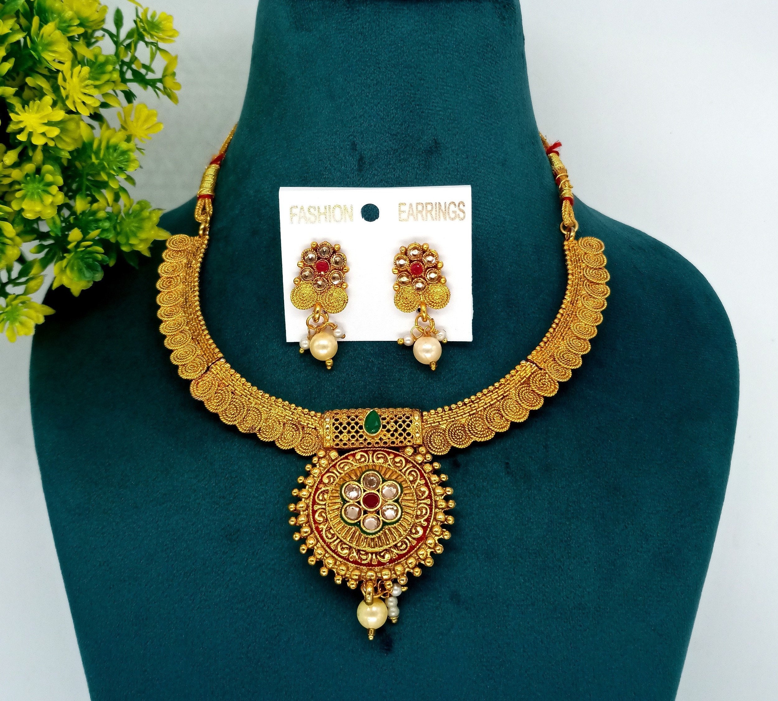 Gold Plated Flower Necklace Set Adjustable Meenakari Etsy