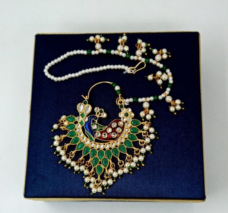 Indian Bridal Nathni Meenakari Nose Press Pin Nose Ring w Pearl Chain Peacock Bead Dangling Nath Kundan /& Pearl Nose Ring Green Stone