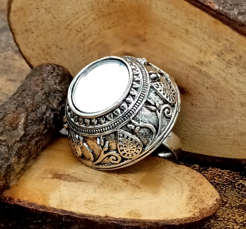 Statement Bohemian Ring Mirror Ring Oxidized Silver Plated Ring Traditional Adjustable Ring Wedding Flower Ring Unisex Silver Ring