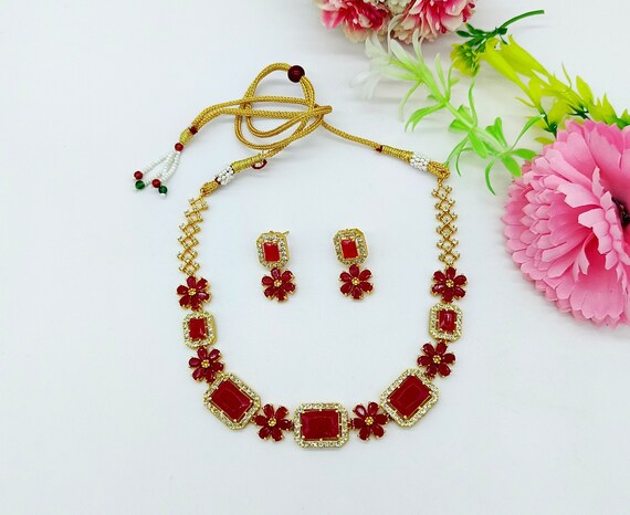 Gold Plated Ruby Pink Stone Necklace Set adjustable Zircon