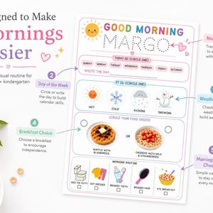 May include: A printable morning routine chart for children featuring sections for name tracing, day of the week, weather check, breakfast choice between waffles or cereal, and a checklist for daily tasks like brushing teeth and getting dressed.
