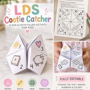 May include: A white paper cootie catcher featuring hand-drawn illustrations of a sun, a heart, a sheep, and a book with a cross. The paper includes numbers 1 through 4 and text prompts such as Say a little prayer, Name someone you can help today, Sing part of your favourite primary song, and What does it mean to choose the right.