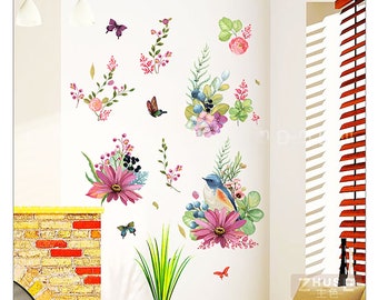 Chinese Style Birds And Flowers Wall Stickers Colorful Flowers Wall Decals Wall Art Sticker