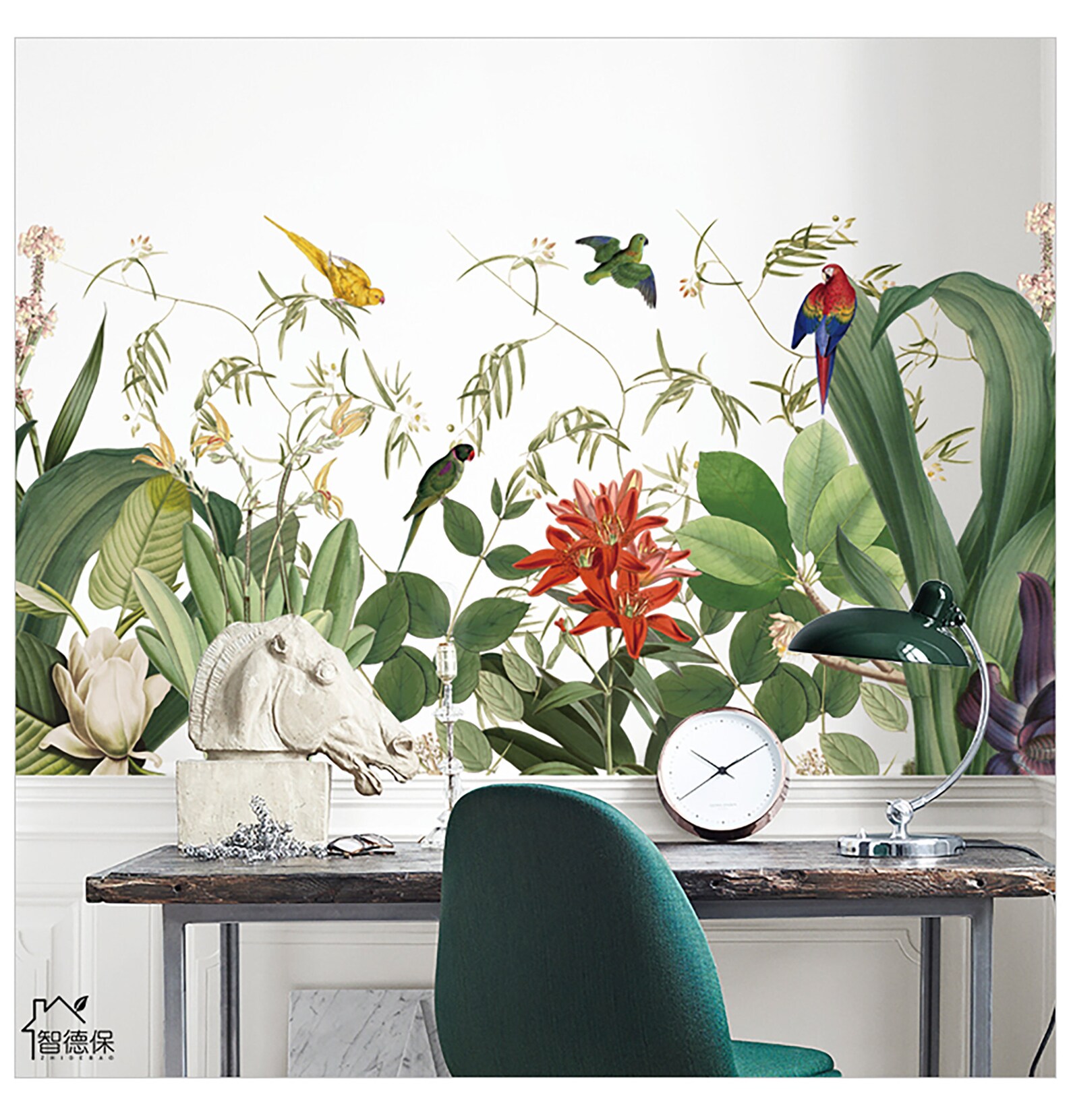 Tropical Plant Wall Sticker Green Plant With Red Flowers With Etsy