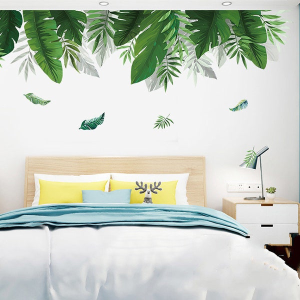 Verde Fresco Colgante Hojas Tropicales Pegatina de Pared Guardería Niños Habitación Niños Dormitorio Hojas Tópicas Autoadhesivas Calcomanía de Pared