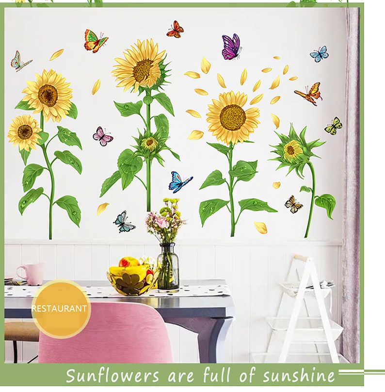 Beautiful Sunflower And Butterfly Wall Sticker Bedroom Sweet Etsy